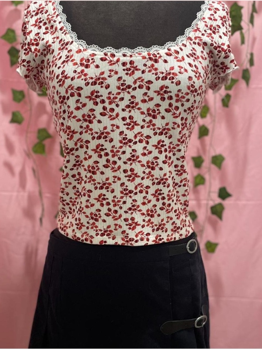 Motel Rocks White Ribbed Scoop Neck Camisole with Red Floral Print